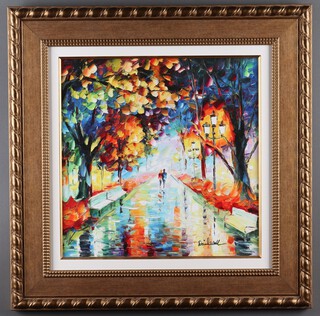 Daniel Wall, print on canvas, two figures walking along an avenue of trees, 50cm x 50cm, framed 