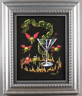Michael Godard, print on canvas, "Devilish Angel Dance", a study of devilish olives surrounding a cocktail glass, one dancing with a strawberry, 58cm x 43cm, framed 