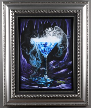 Michael Godard, print on canvas, "Martini for Angels", study of an angel sitting on a cocktail glass 56cm x 42cm, framed 
