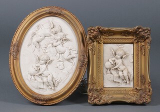 A bass relief composition picture of a cherub 16cm x 11cm and an oval ditto of cavorting cherubs 29cm x 21cm, both by Madame Leon Bertaux 