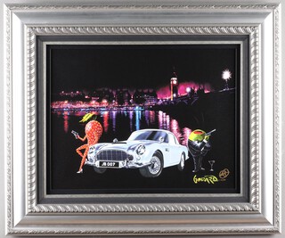 Michael Godard, print on canvas "Bond In The London" depicting a strawberry sitting on an Aston Martin with an olive dressed in an evening suit 44cm x 59cm, framed