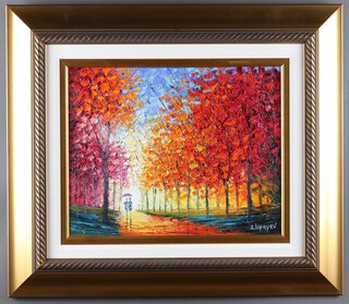 Slava Ilyayev, oil on canvas, "Silent Walk" a study of figures walking beneath trees 39cm x 49cm, framed 
