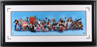 20th Century print "Loony Tunes" figures, framed 28cm x 89cm 