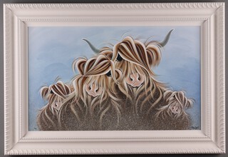Jennifer Hogwood, print on canvas, study of two cattle in a winter scene, 44cm x 74cm, framed 