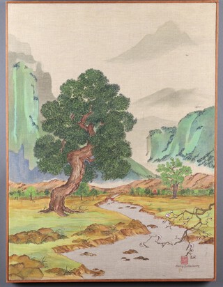 20th Century watercolour on canvas, Chinese landscape with trees and pagoda, character mark, unsigned 82cm x 61cm, framed