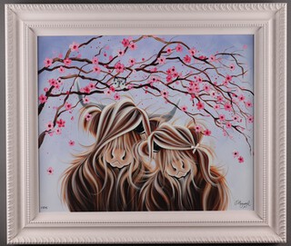 Jennifer Hogwood, print on canvas no.95, "Love Blossoms" study of two cows beneath a blossom tree, adorned with sequins, 68cm x 78cm, framed
