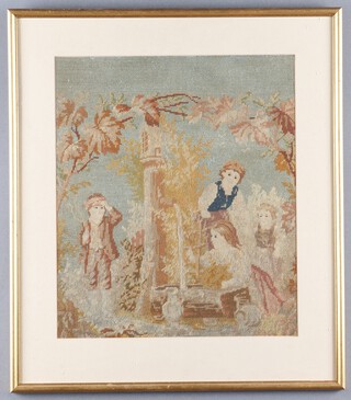 Victorian wool work embroidery of children in a garden 41cm x 35cm, framed