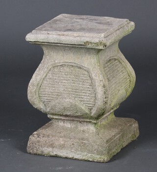 A Rococo style well weathered concrete square garden pedestal 41cm h x 27cm 