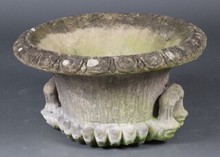 A well weathered concrete circular planter with lobed body 31cm x 61cm (holed to base) 