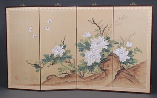 A Chinese 4 fold screen with printed and butterfly decoration 90cm h x 39cm 