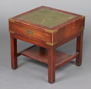 A square military style mahogany and brass banded bedside/lamp table with green insert writing surface and drawer 49cm h x 48cm w (ring and contact marks in places)