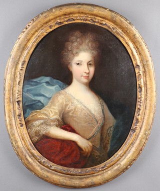 Circle of Henri Gascars (French 1635-1701) - Half Length Portrait of a Lady wearing a silk dress and shawl, late 17th/early 18th Century oval oil on canvas, relined, Christie's stencil verso, 60.5cm x 47.5cm, within a gilt composition frame