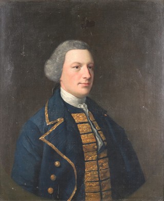 Circle of Thomas Hudson (British 1701-1779) - Portrait of a Gentleman wearing a navy-blue coat and waistcoat with gold buttons, edging and embroidery and a white stock, 18th century oil on canvas, 73.5cm x 60.5cm, within a gilt composition frame with old label to back 