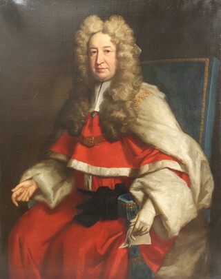 Jonathan I Richardson (British 1667-1745) - Three Quarter Length Portrait of Sir Thomas Bury (1655-1722), Chief Baron of the Exchequer, oil on canvas, circa 1719, 126cm x 100cm, within a gilt composition frame.  (re-lined) Note: a similar portrait of Thomas Bury by Richardson is in the collection of Gray's Inn, London.  A portrait mezzotint was published after one of these paintings by John Smith in 1720 