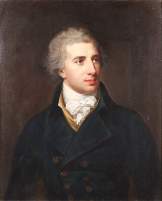 Attributed to Lemuel Francis Abbott (British 1760-1802) Half Length Portrait of a Gentleman wearing a black jacket, yellow waistcoat and white stock, 18th Century oil on canvas, re-lined, Christie's stencil verso, 72cm x 59cm, within a gilt frame 