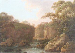 Attributed to John Rathbone (British 1750-1807) - Rocky River Landscape, probably the Dargle Valley, County Wicklow, 18th century oil on panel, Christie's stencil verso, 22.5cm x 32.5cm, within a gilt composition frame 