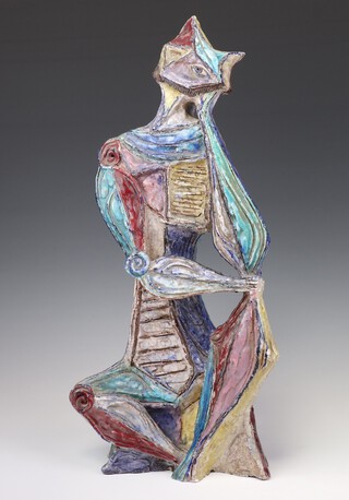 A Marcello Fantoni (1915-2011) Italian abstract ceramic seated figure resting his left elbow on his head, painted mark to base, Fantoni Italy, circa 1950, 45cm,  