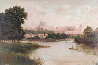 J Lewis, a view of Windsor castle, oil on canvas, re-lined, signed 39.5cm x 16cm 