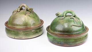 A pair of early 20th Century Continental green glazed ceramic bowl and covers with lizard handles 24cm 
