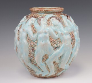 ** Edouard Cazaux (French 1889-1974), a ceramic pale turquoise glazed moulded vase decorated with a band of naked ladies with incised signature to the base 23cm ** Please Note - Artists Re-Sale Rights may be payable on this lot 