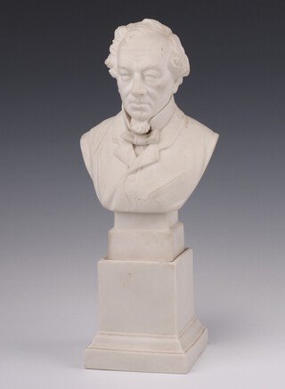 A Victorian parian bust of The First Earl of Beaconsfield (Benjamin Disraeli) on a square plinth, impressed mark Beaconsfield and PM to reverse 29cm 