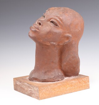 A 20th Century plaster bust of a lady impressed mark Ezo, 28cm, on a rectangular oak plinth  