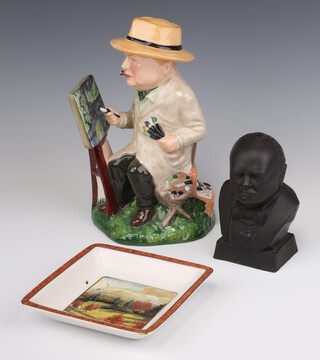 A Manor Limited Editions Series One, The Life and Times of Winston Churchill "Winston The Artist" number 2168 of 3000, printed "The Goldfish Pool at Chartwell" and number 8/50 25cm, a Border Fine Arts Studio porcelain square dish "View at Chartwell by Winston Churchill" 15cm and a rubber bust of Winston S Churchill 13cm 