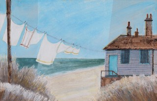 Christine Hopkins, a coastal scene with cottage airing washing, 20th Century mixed media, unsigned, label on verso 36cm x 56cm  