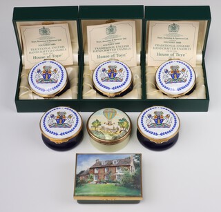 A Halcyon Days enamelled rectangular box depicting Terry Pentony River Coppice 4th August 2000 painted by Anthony Philips in 2004 8cm, 5 Toye Kenning and Spencer enamelled circular boxes Councillor Alex Segal JP Lord Mayor of Westminster 1999 -2000 6cm, together with a Bilston and Battersea Enamels box of a balloon in flight 6cm (3 boxed)