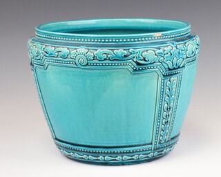 An Art Nouveau Burmantofts faience jardiniere with formal scrolling flowers, numbered 1908 20cm 