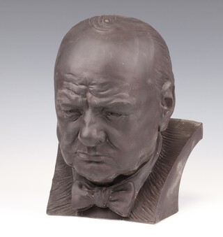 A black glazed ceramic bust of Sir Winston Churchill, the reverse numbered 509 25cm 