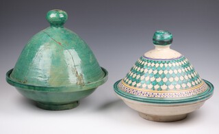 A 20th Century circular Moroccan tagine with geometric decoration 29cm, a turquoise glazed ditto 30cm (cracked base and stuck lid) 