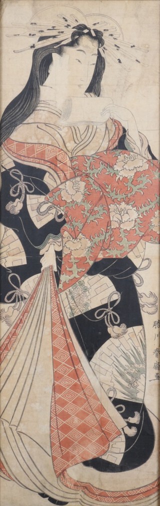 Katsukawa Shunsen (1762-1830) - Courtesan wearing an Obi with a design of chrysanthemum, woodblock on two sheets, 72cm x 23cm, within a gilt frame