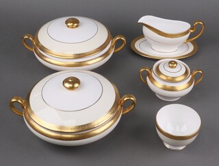 Two Minton Buckingham K159 pattern tureens and covers, a ditto sucrier, a small bowl, sauce boat (a/f) and stand