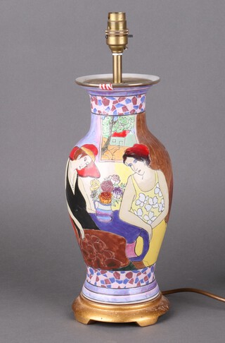 A modern Continental porcelain baluster table lamp decorated with ladies sat by a window, sailing boats in the distance, on a wooden base, 33cm 