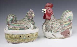 A 20th Century Chinese rounded rectangular dish and cover in the form of a nesting chicken 23cm, a ditto of a cockerel 25cm 