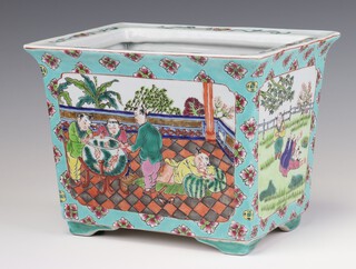 A 20th Century Chinese rectangular jardiniere, the turquoise ground with panels of figures at pursuits 17cm 