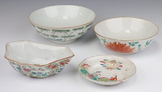An early 20th Century Chinese dish decorated with peaches and flowers 20cm (a/f), a 19th Century Chinese shallow dish decorated with figures 15cm (a/f), a ditto bowl decorated with flowers 20cm and a ditto decorated with bamboo and script 22cm  