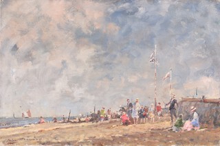 **John Hammond Harwood (1905-1980), figures on a beach with distant boats, oil on canvas, signed, 30cm x 46cm, unframed ** Please Note - Artists Re-Sale Rights may be payable on this lot 