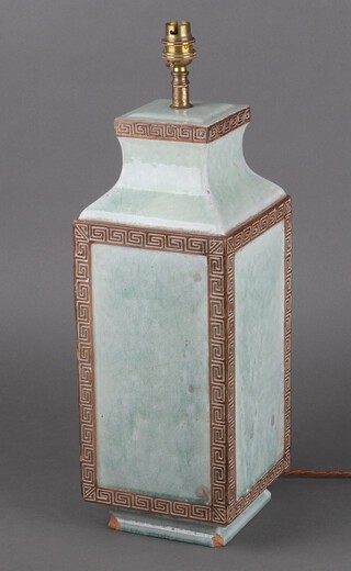 A Celadon style Italian ceramic table lamp with Greek Key pattern decoration 41cm 