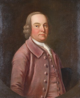 British School,  Half Length Portrait of a Gentleman wearing a mauve jacket with a hat under his left arm,  18th Century oil on canvas, re-lined, 91cm x 69cm, within an ebonised and gilt frame 