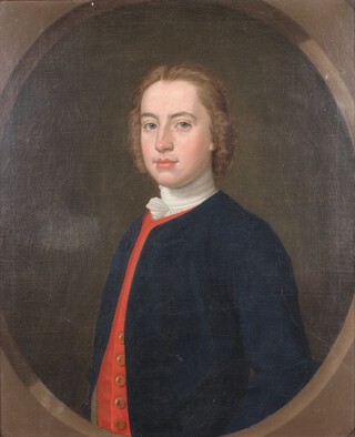 Attributed to Cosmo Alexander (British 1724-1772) - Half Length Portrait of a Gentleman identified as George Morison 3rd of Bogny, wearing a navy-blue jacket, red waistcoat and white stock, 18th Century oil on canvas, 73.5cm x 60.5cm, within a carved wood frame