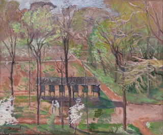 Jean Hippolyte Marchand (French 1883-1940), country scene with figures before beehives, oil on canvas signed, labels on verso Galerie Andre Maurice 140 Boulevard Haussmann, 49cm x 60cm, in a gilt frame  