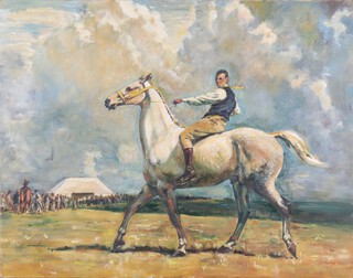 J.C. Newton, after Sir Alfred Munnings - Ned Osborne on Grey Tick, 20th Century oil on canvas, signed and dated '94, 71cm x 91cm.