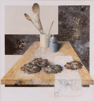 Leslie Gooday (British 1921-2013) still life study with oyster shells, brush pot and table, mixed media, signed, 48cm x 44cm, in a gilt frame 