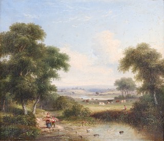 19th Century English School, two figures in a country lane with cattle and distant buildings in the background, oil on canvas unsigned, 29.5cm x 34cm, re-lined, in a gilt frame 