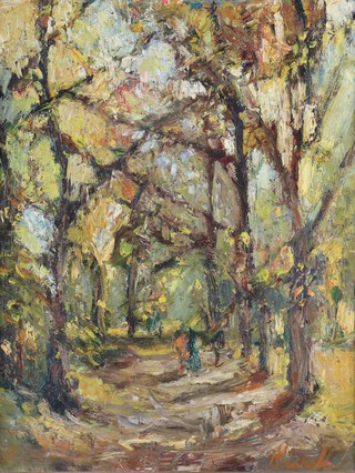 **Keith Michell (British 1928-2015), figures in an avenue of trees, oil on board, signed, 45cm x 34cm, in a gilt and hessian frame  ** Please Note - Artists Re-Sale Rights may be payable on this lot 
