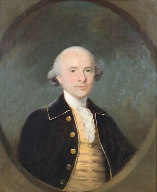 Attributed to Henry Pickering (British 1720-1770) - Half Length Portrait of a Gentleman wearing a black jacket with gold buttons and trim, a yellow waistcoat and white stock within a feigned oval, 18th Century oil on canvas, 61cm x 74cm, within a gilt composition frame