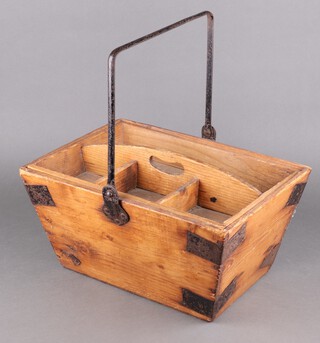 A 19th Century rectangular pine and metal bound house keeper's basket, of waisted form, with iron handles and hinged lid the upper section fitted a tray 24cm h x 42cm w x 30cm  