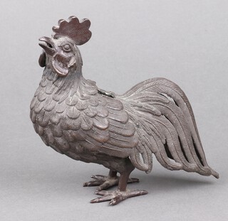 A Japanese bronze incense burner in the form of a standing cockerel with aperture to back 14cm x 13cm x 6cm 